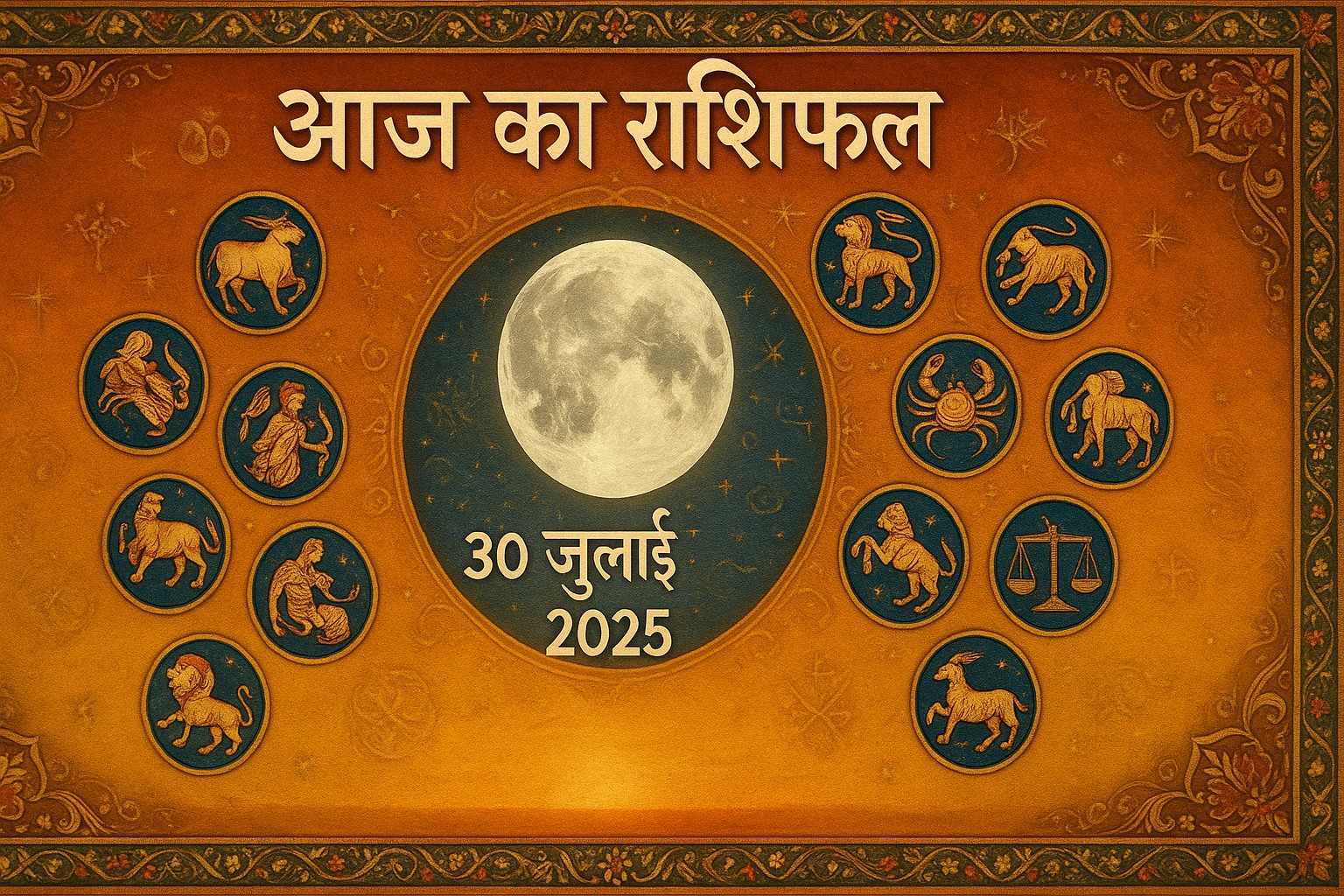 30 जुलाई 2025 का राशिफल - चंद्रमा केंद्रित 12 राशियों का वैदिक ज्योतिष चक्र, स्वर्णिम पृष्ठभूमि के साथ।
