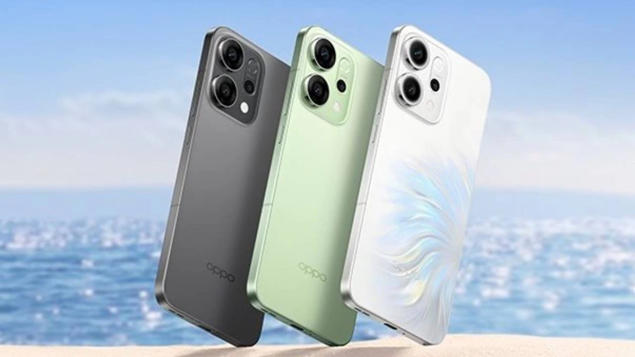 OPPO Reno14 Pro 5G Pearl White कलर में फ्रंट और बैक व्यू