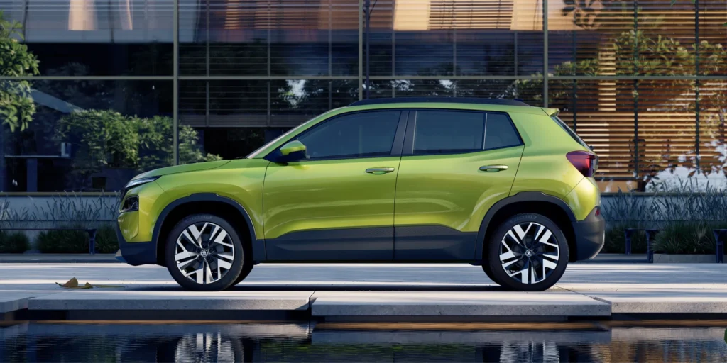 Skoda Kylaq compact SUV front side view with LED headlamps