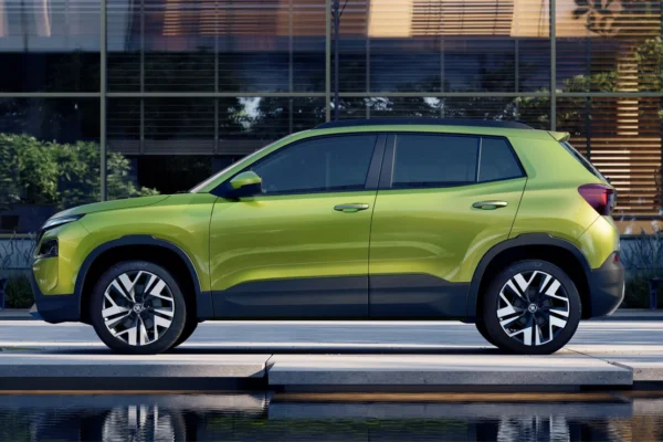 Skoda Kylaq compact SUV front side view with LED headlamps
