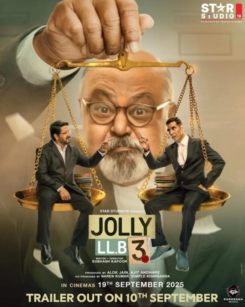 जॉली एलएलबी 3 रिव्यू पोस्टर जिसमें कोर्टरूम ड्रामा और किसान मुद्दा दिखाया गया है