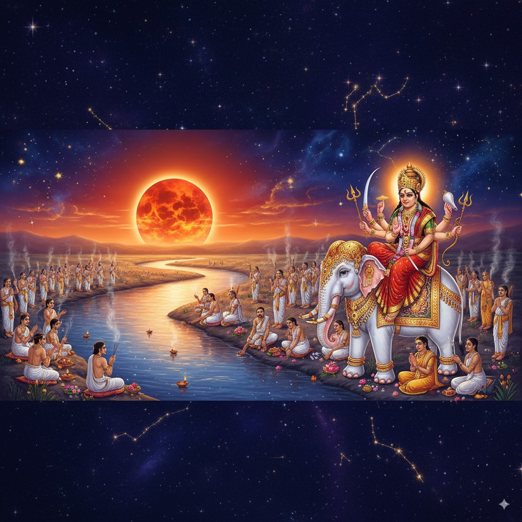 पितृ विसर्जनी अमावस्या और सूर्य ग्रहण संग दुर्गा हाथी आगमन