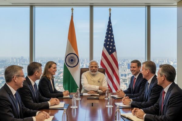 पीएम मोदी अमेरिकी व्यापारिक नेताओं से मुलाकात करते हुए