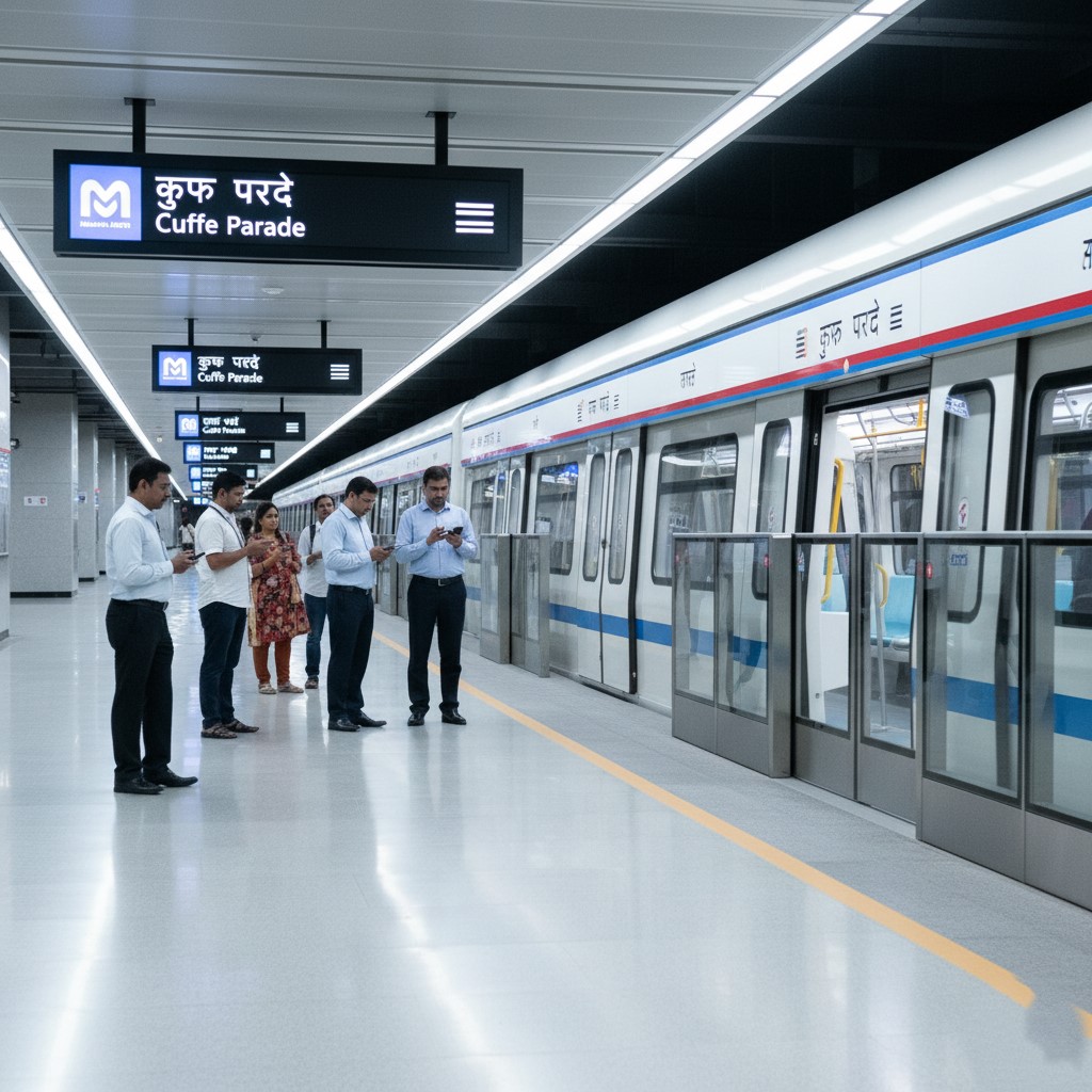 मुंबई मेट्रो लाइन 3 उद्घाटन समारोह और भूमिगत स्टेशन का दृश्य