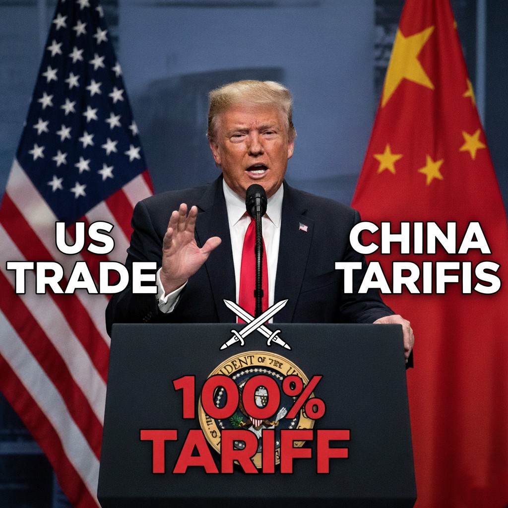 अमेरिका के राष्ट्रपति डोनाल्ड ट्रंप ने चीन पर 100% टैरिफ लगाने की घोषणा की।