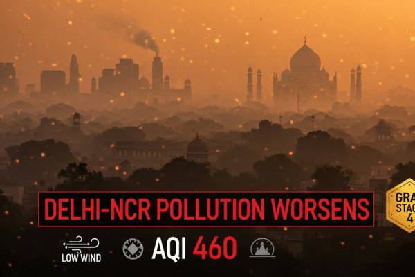 दिल्ली-NCR प्रदूषण गंभीर AQI 460 स्मॉग कोहरा छाई हवा खराब