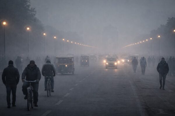 दिल्ली की सड़कों पर सुबह का स्मॉग, 4.6 डिग्री न्यूनतम तापमान और खराब वायु गुणवत्ता