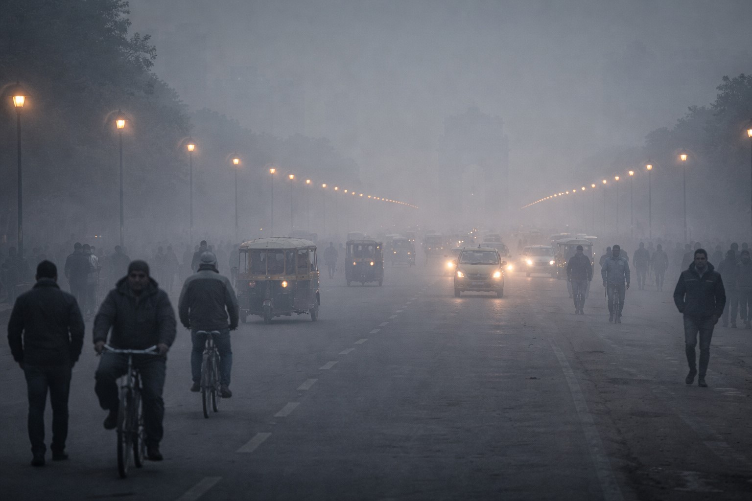 दिल्ली की सड़कों पर सुबह का स्मॉग, 4.6 डिग्री न्यूनतम तापमान और खराब वायु गुणवत्ता