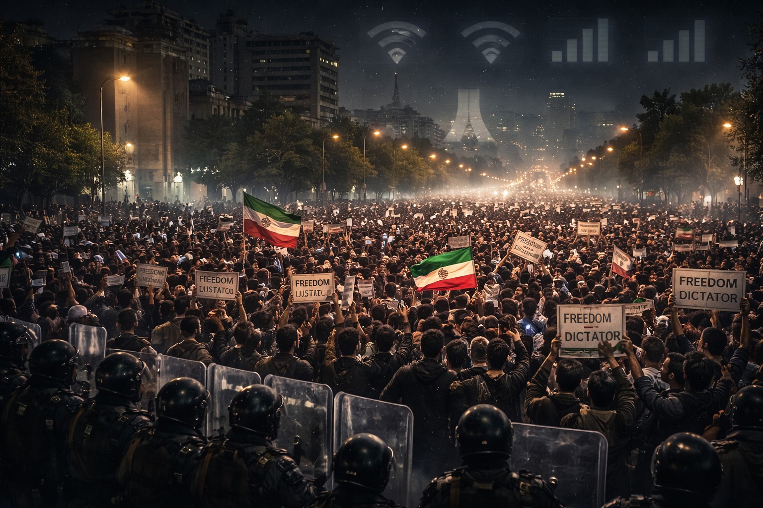 ईरान प्रदर्शन के दौरान तेहरान में सड़कों पर उतरे हजारों लोग और इंटरनेट बंदी की स्थिति।