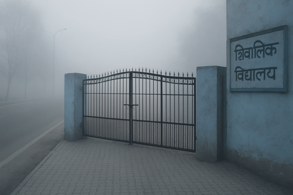 नोएडा में घने कोहरे के बीच बंद स्कूल का मुख्य गेट