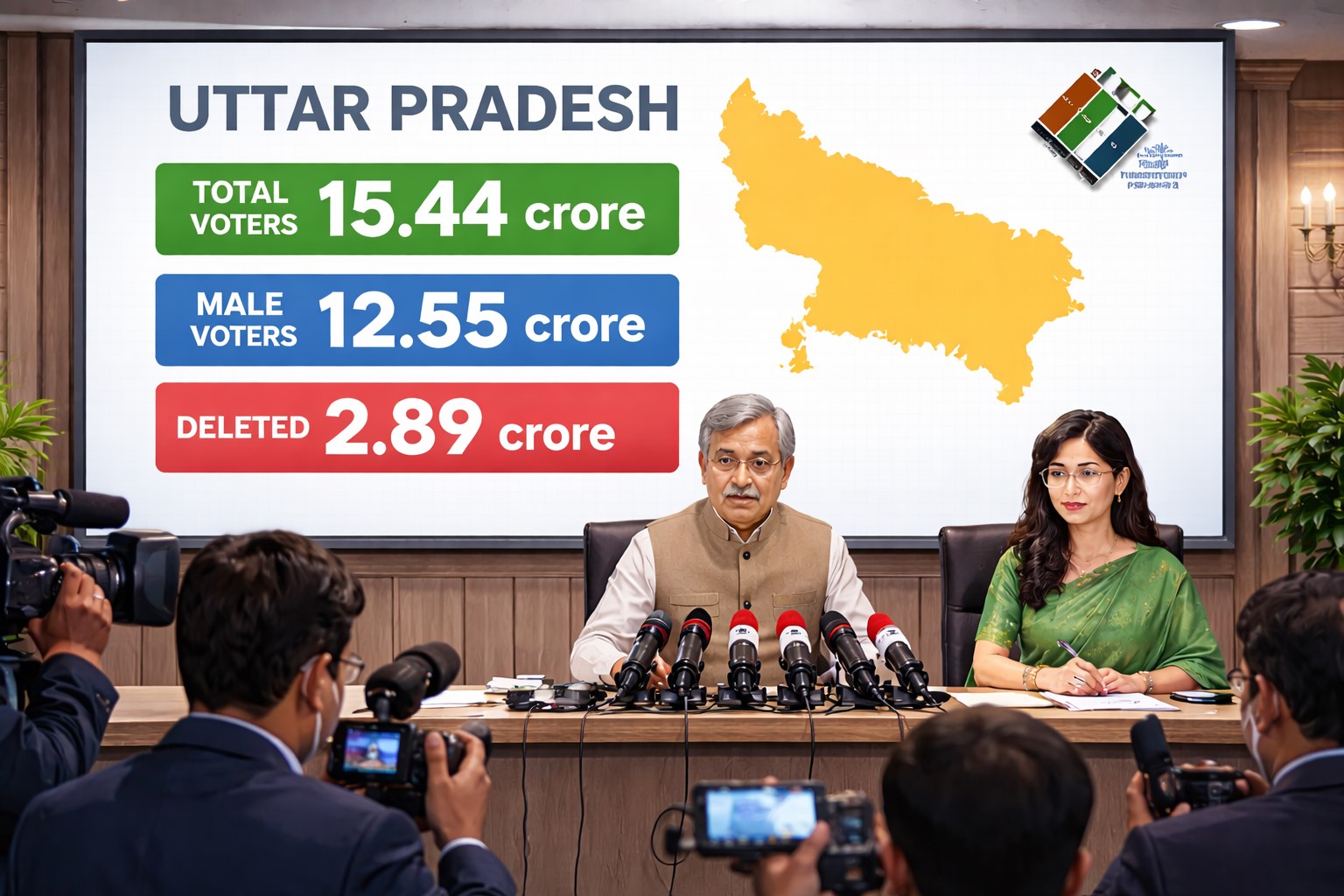 यूपी ड्राफ्ट वोटर लिस्ट 2026 में 2.89 करोड़ नाम हटाने की घोषणा करते अधिकारी