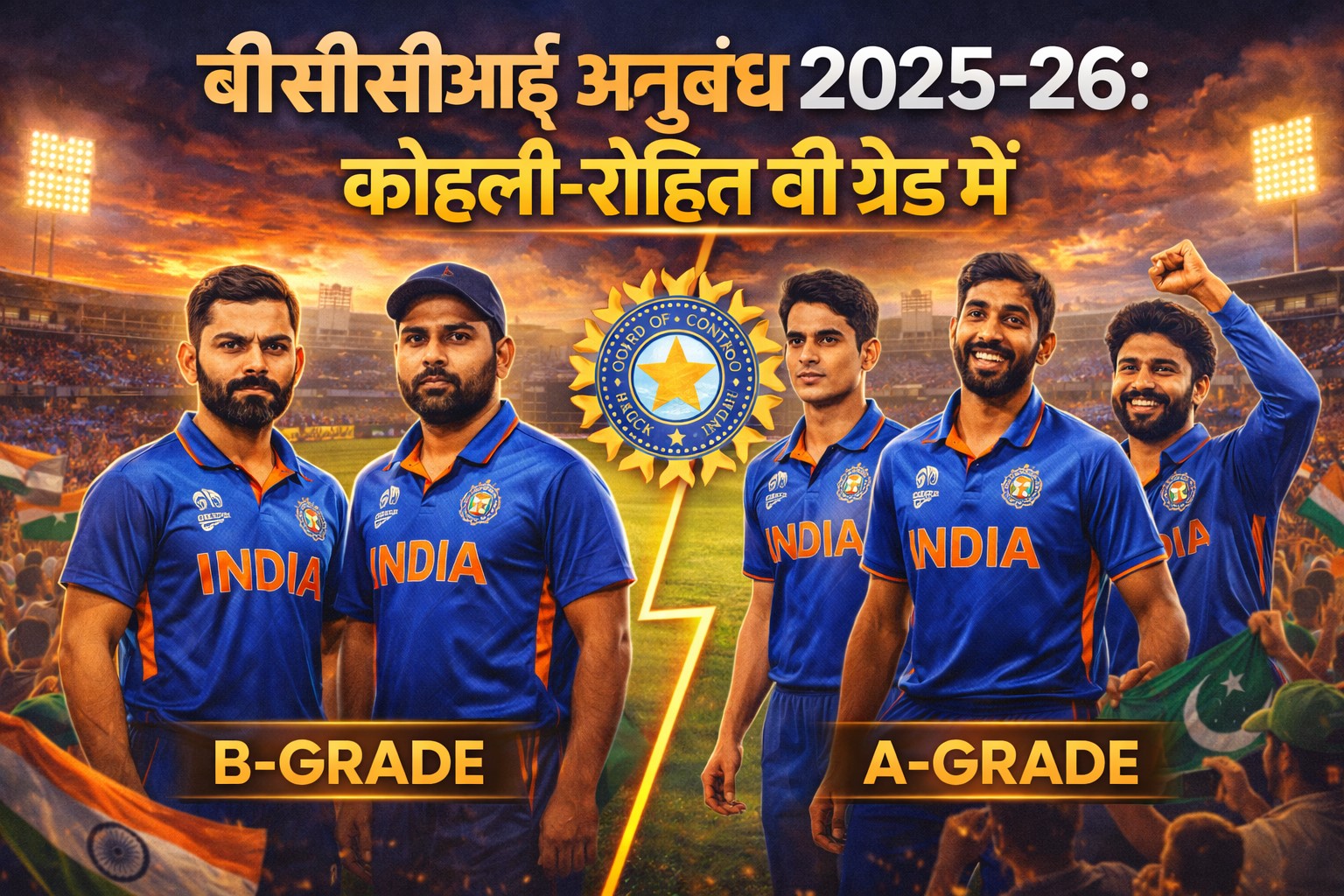बीसीसीआई की नई अनुबंध सूची में विराट कोहली और रोहित शर्मा बी ग्रेड में।